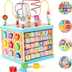 Wooden Activity Cube, 5-in-1 Toys For 1+ Year Old Boys & Girls, Educational Learning Toys For Toddlers Age 1-2, Multipurpose ABC-123 Abacus Bead Maze Shape Sorter